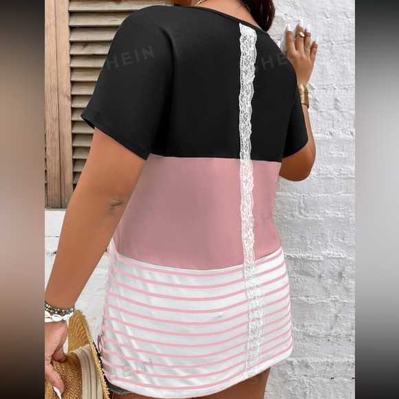 SHEIN Curve Striped Color Block Lace Tee - Picture 2 of 9
